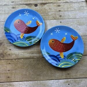 Grasslands Road Whimsical Fish Ceramic Appetizer Plates Blue Set of 2 8 Inch